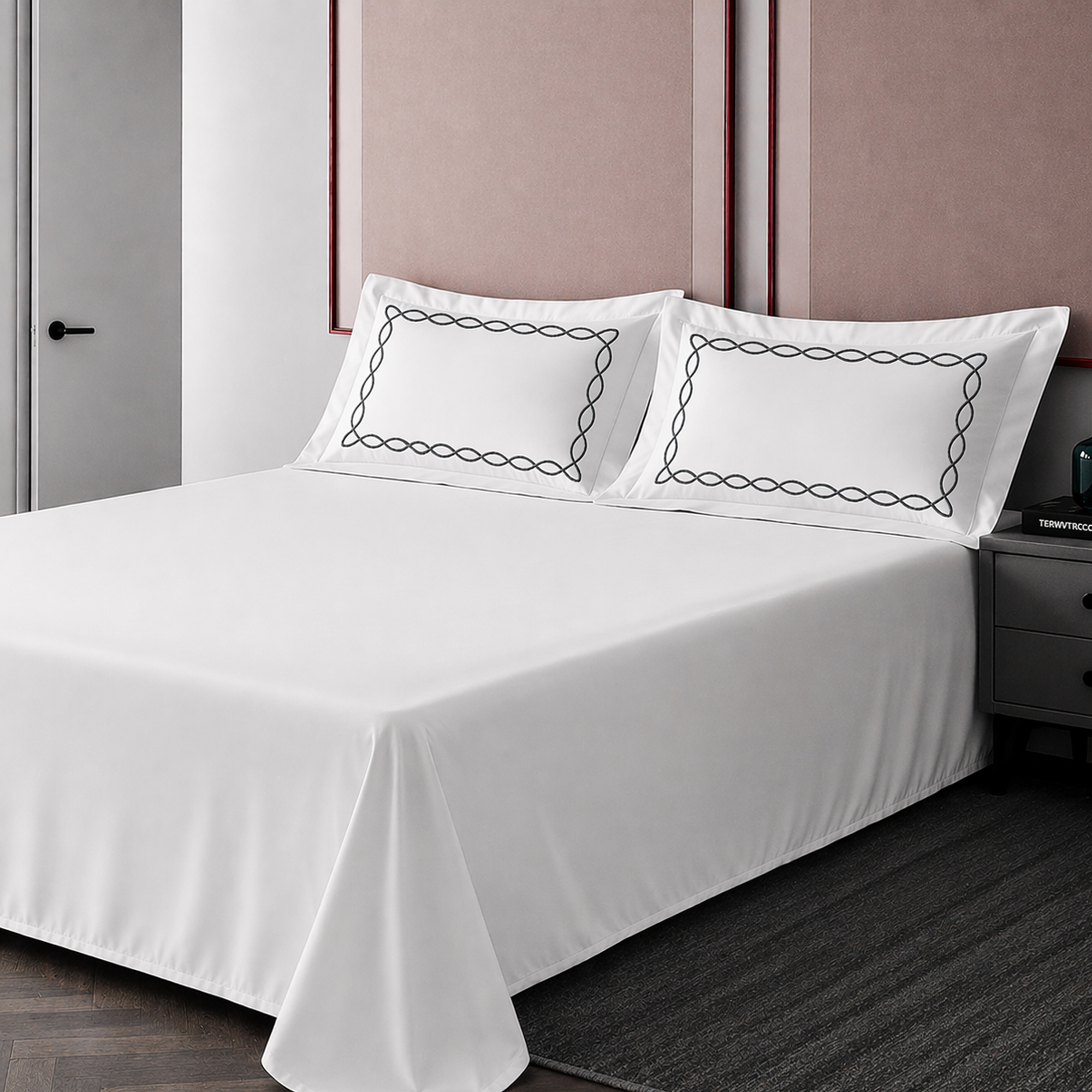 Pillow Cover + Flat Sheet (3 Pcs Set) - Chain Embroidery