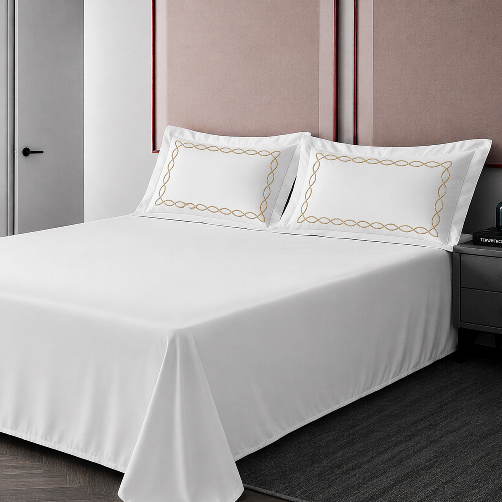 Pillow Cover + Flat Sheet (3 Pcs Set) - Chain Embroidery