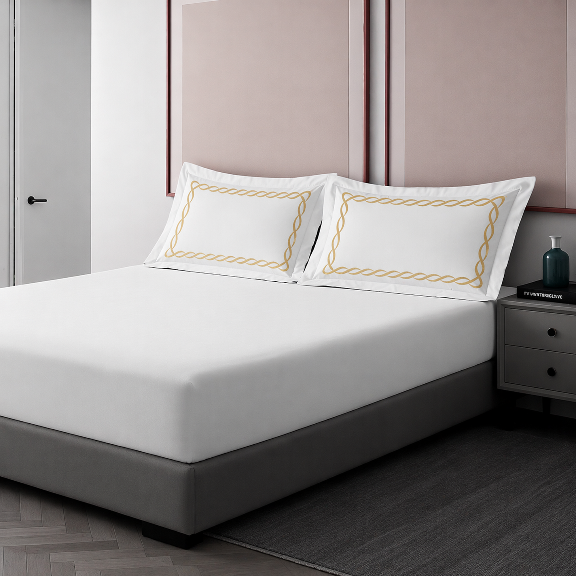 Pillow Cover + Fitted Sheet (3 Pcs Set) - Chain Embroidery