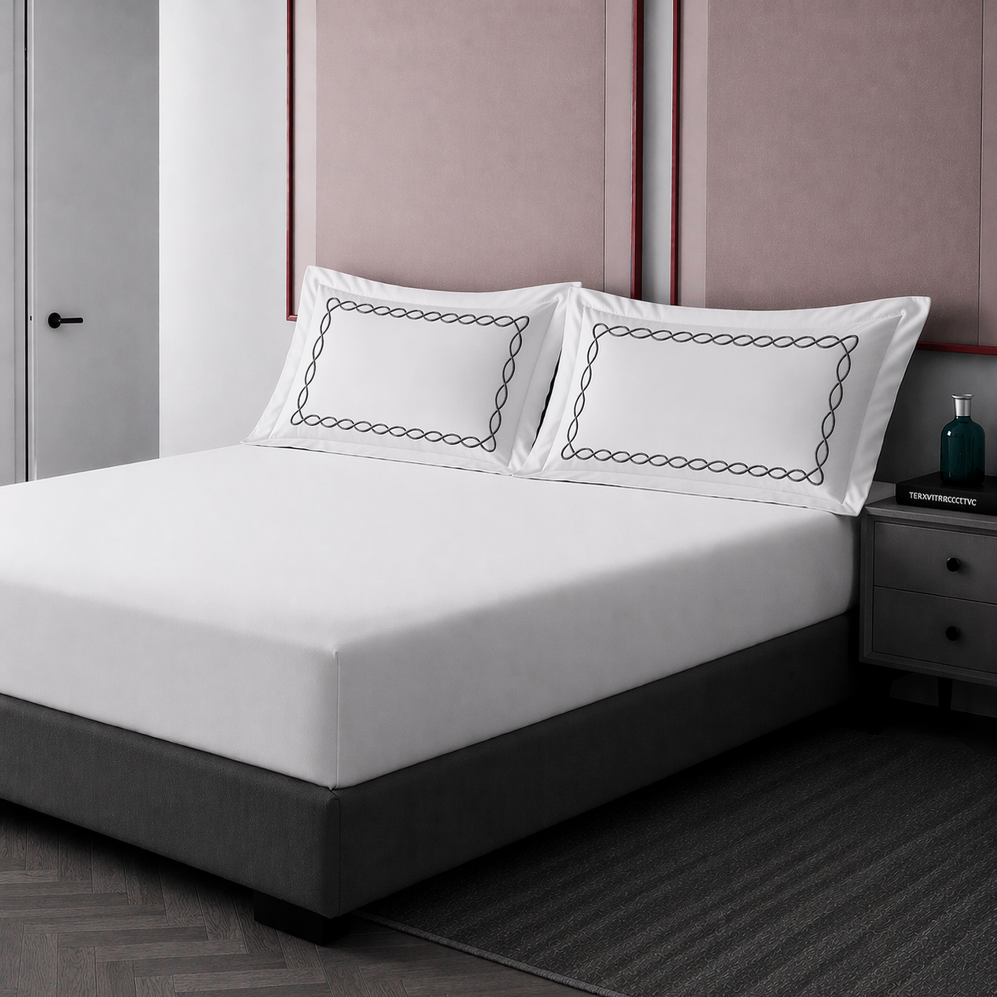 Pillow Cover + Fitted Sheet (3 Pcs Set) - Chain Embroidery