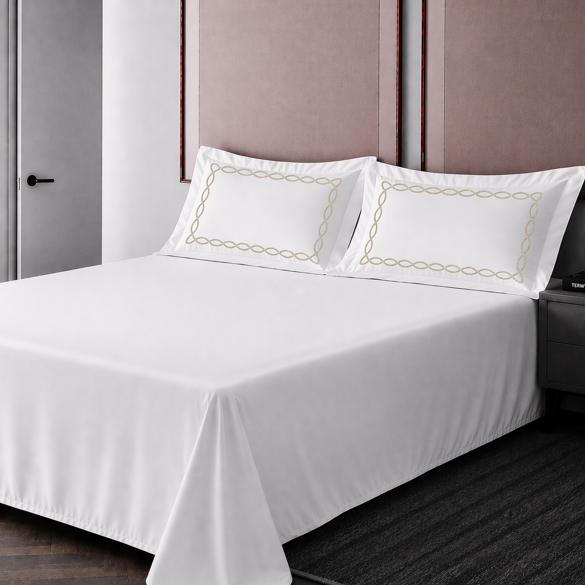 Pillow Cover + Flat Sheet (3 Pcs Set) - Chain Embroidery