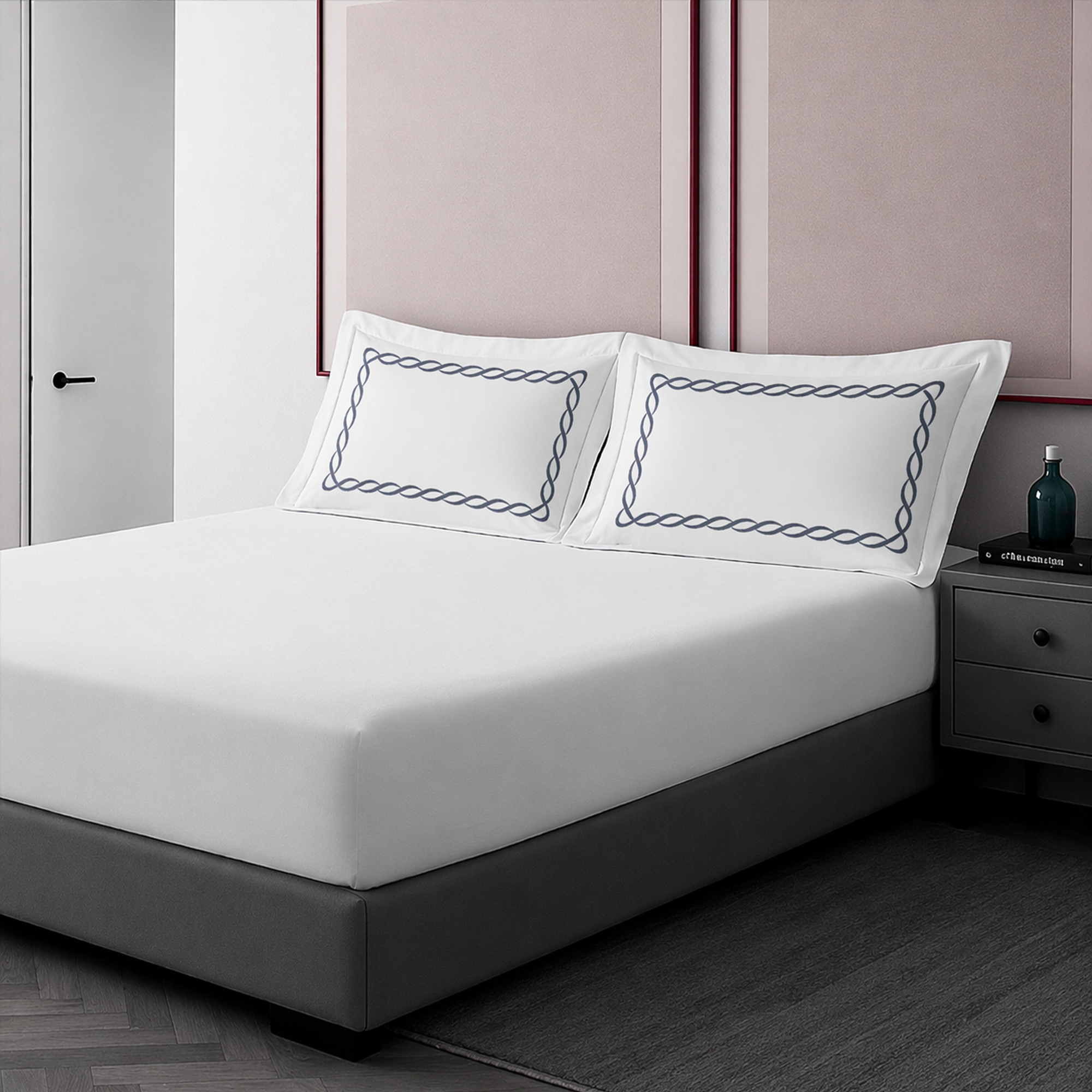 Pillow Cover + Fitted Sheet (3 Pcs Set) - Chain Embroidery