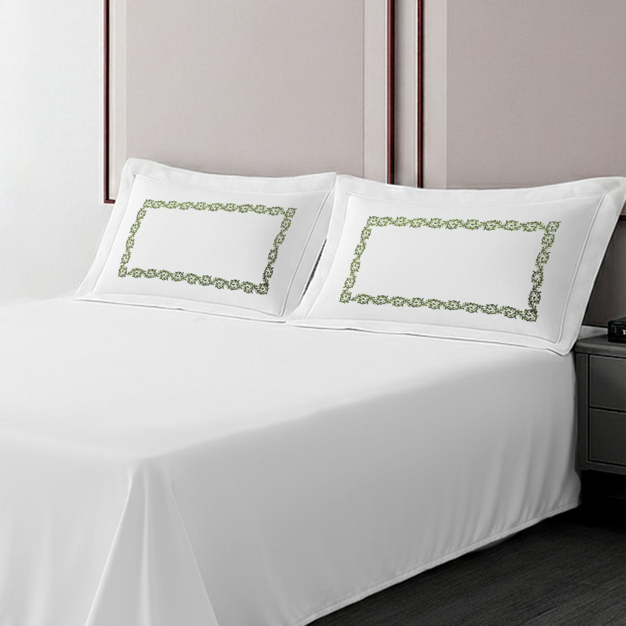 Pillow Cover + Flat Sheet (3 Pcs Set) - Olive Embroidery