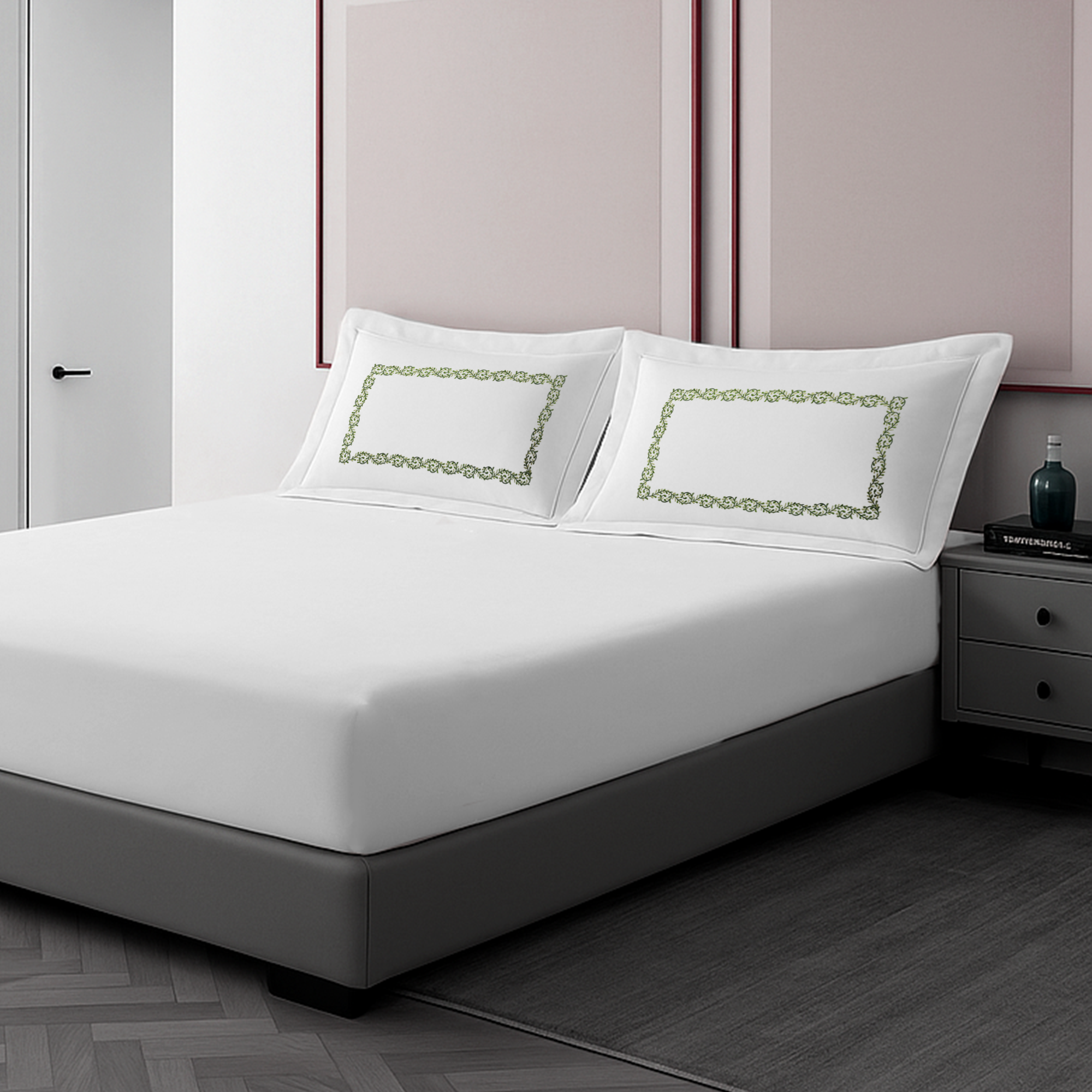 Pillow Cover + Fitted Sheet (3 Pcs Set) - Olive Embroidery