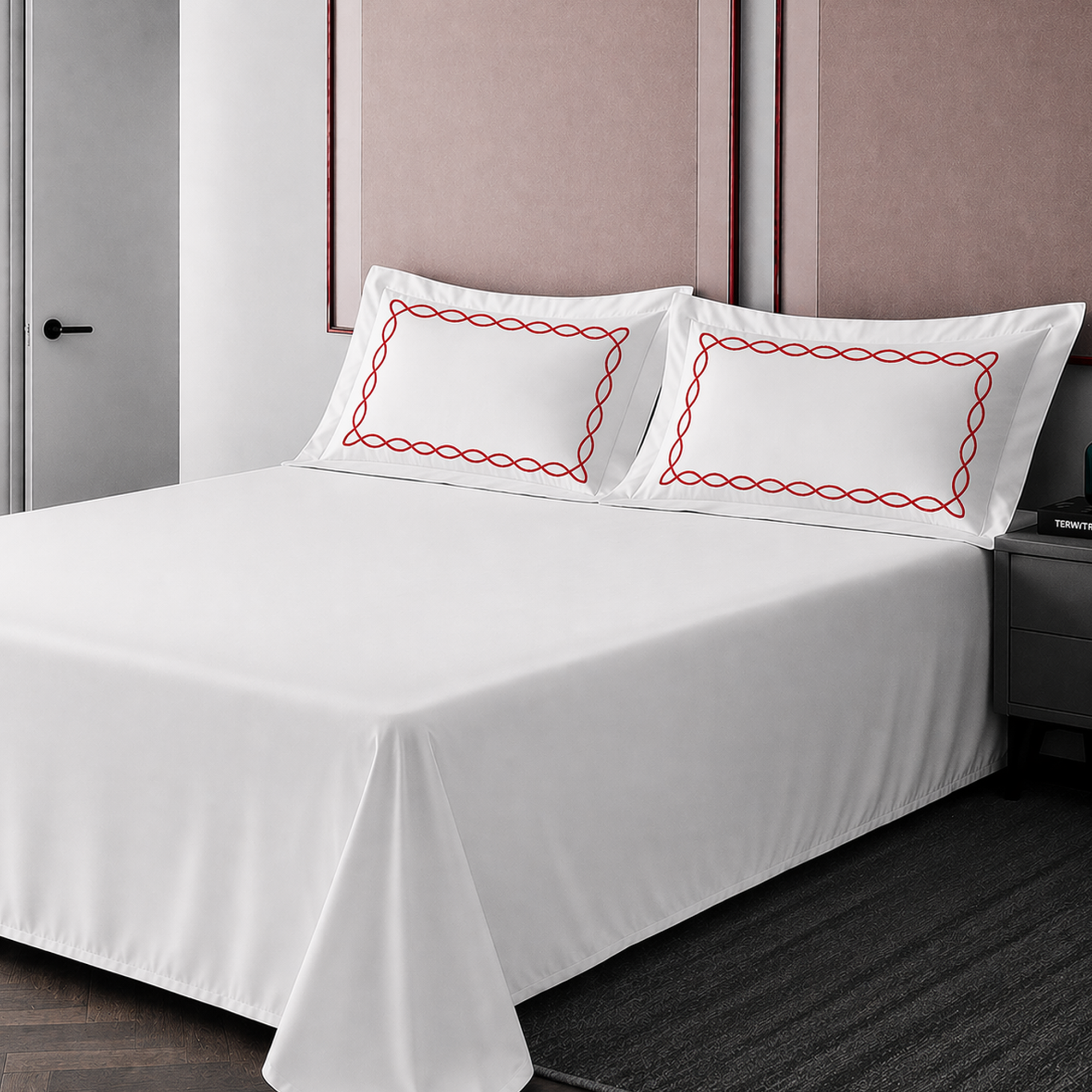 Pillow Cover + Flat Sheet (3 Pcs Set) - Chain Embroidery