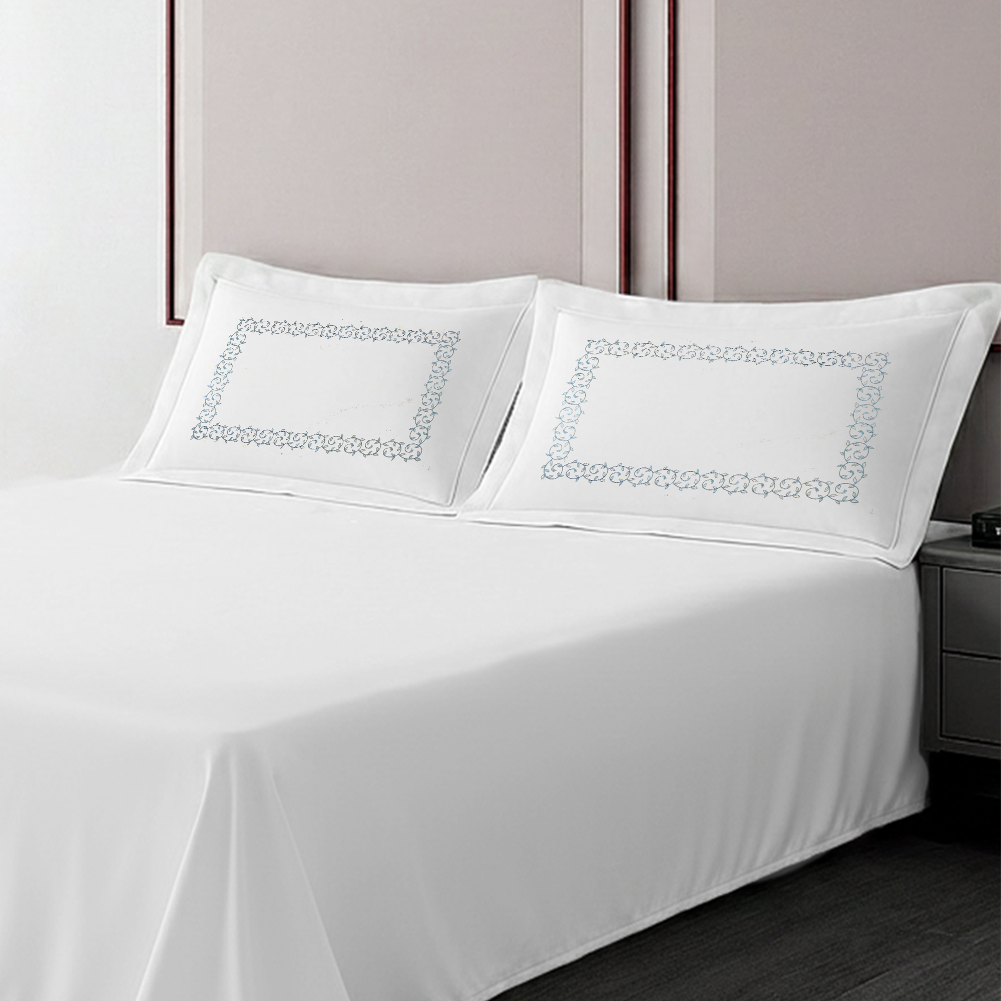 Pillow Cover + Flat Sheet (3 Pcs Set) - Violet Embroidery