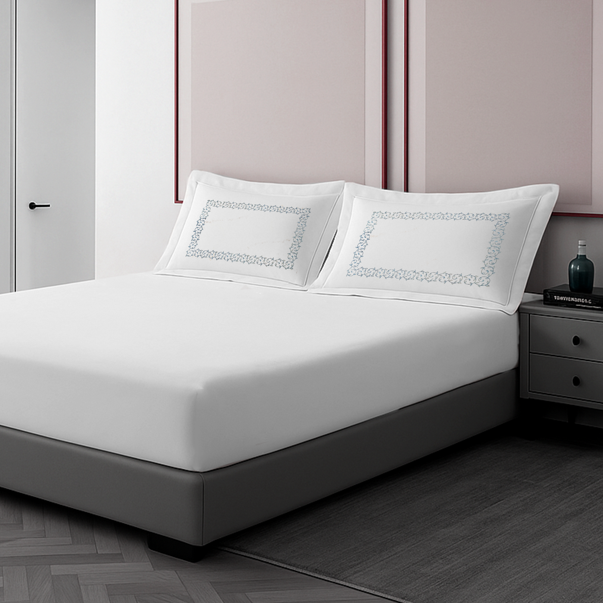 Pillow Cover + Fitted Sheet (3 Pcs Set) - Violet Embroidery