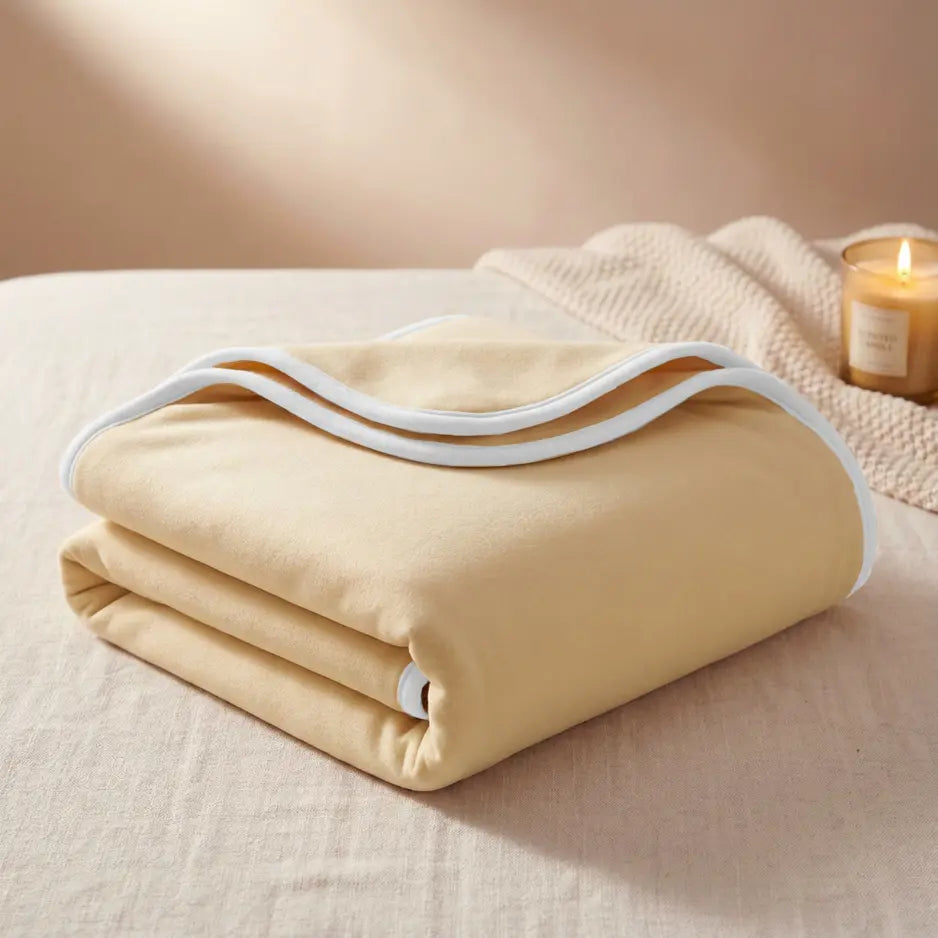 Beige soft fleece blanket folded on bed with white border trim