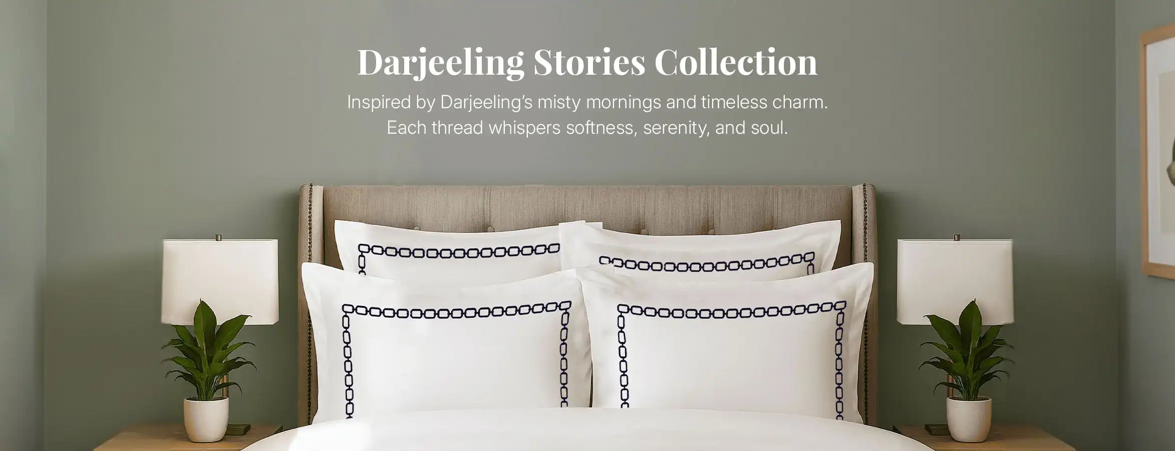 Darjeeling Stories embroidered bedding collection styled in modern bedroom.