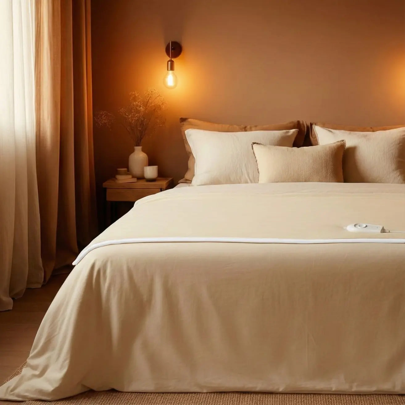 Electric bed warmer blanket with temperature controller on bed