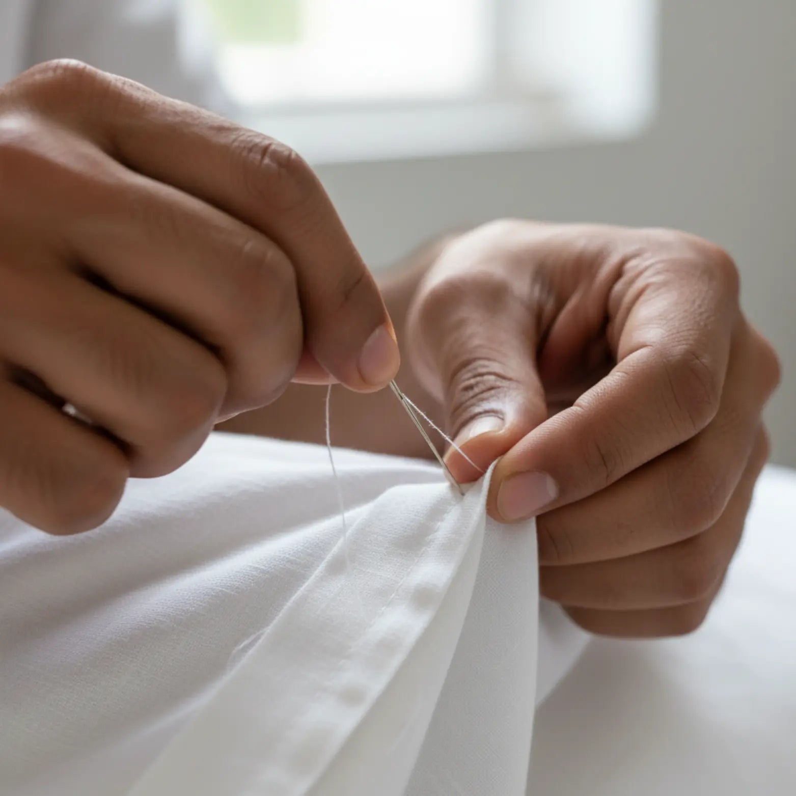 Close-up of hands stitching white fabric during hotel linen textile manufacturing process