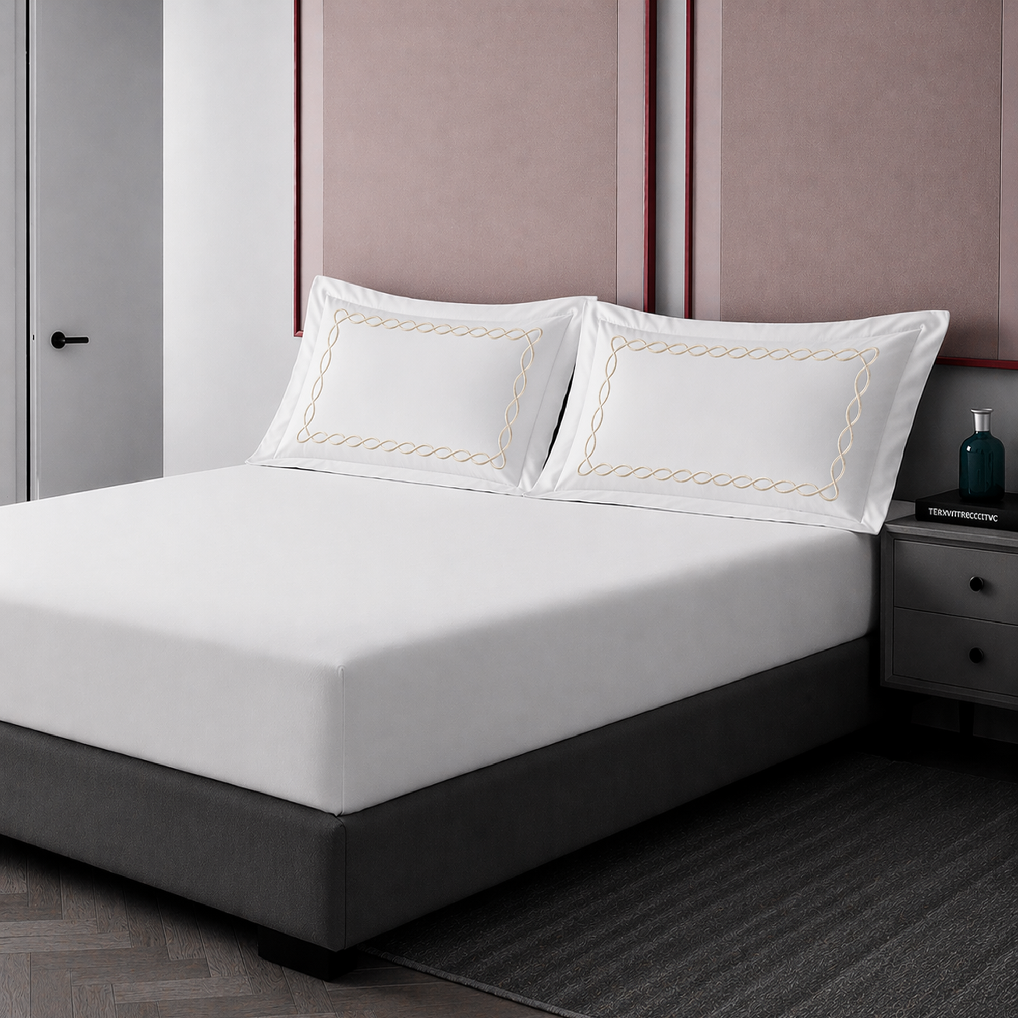 Pillow Cover + Fitted Sheet (3 Pcs Set) - Chain Embroidery