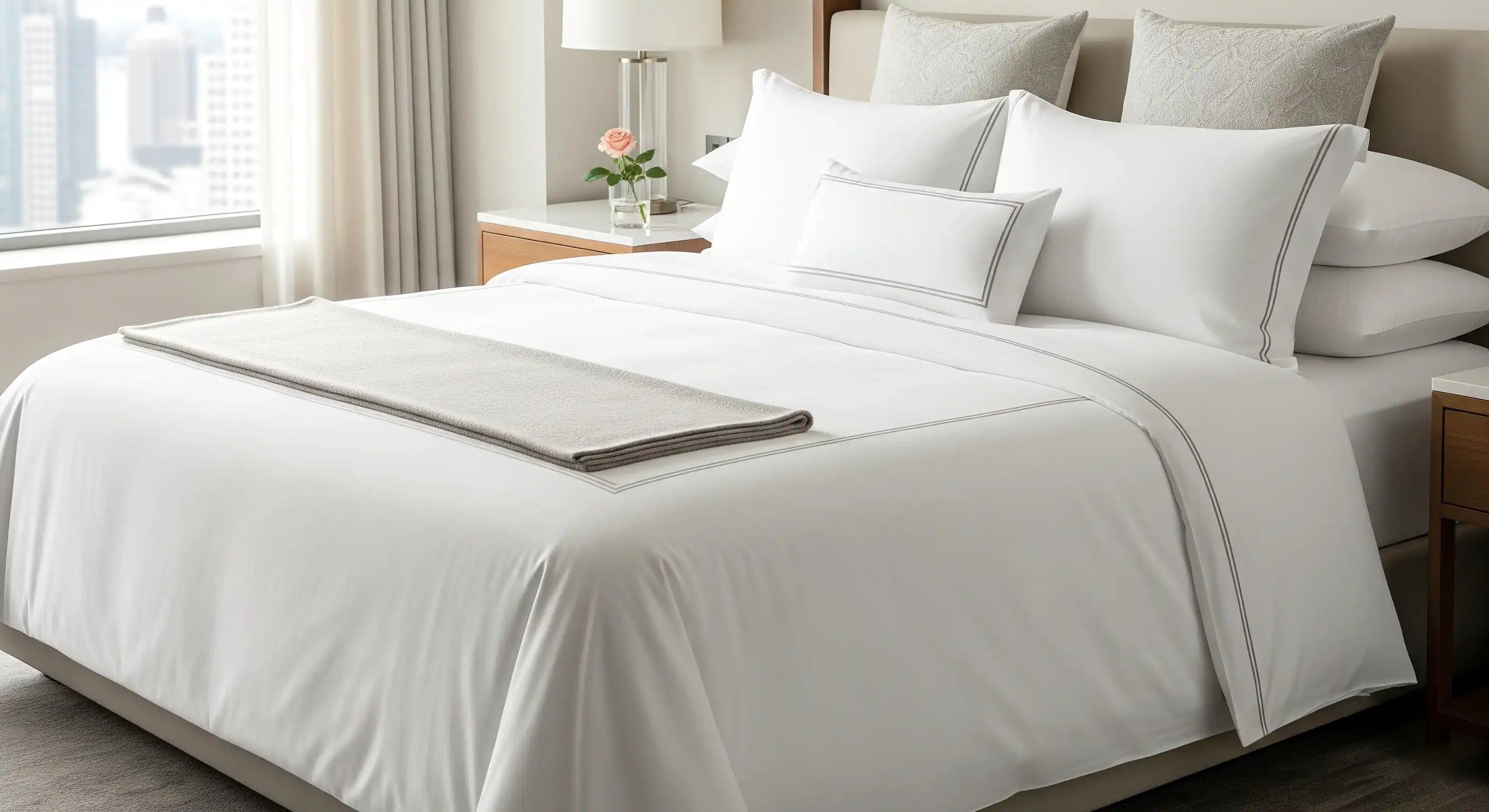 Luxury hotel-style bed with white bedding, pillows, and modern bedroom interior