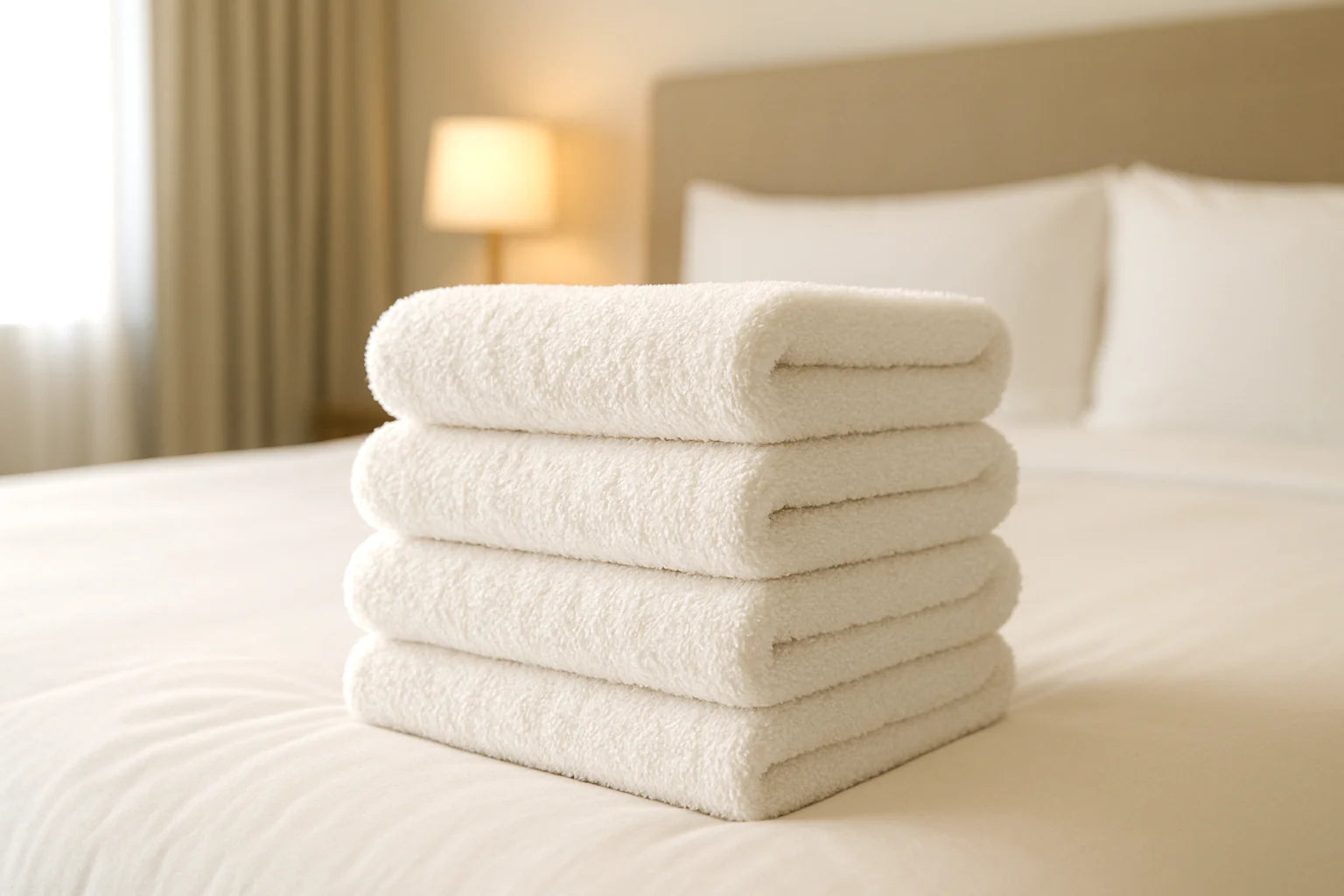 Stack of luxury white hotel bath towels placed on a bed in a modern hotel bedroom