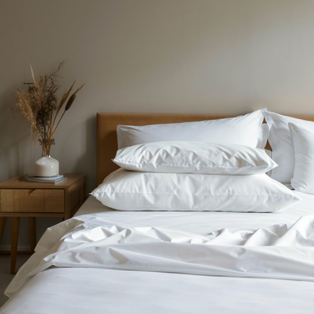 Luxury white bed sheets and pillows arranged on a hotel style bed