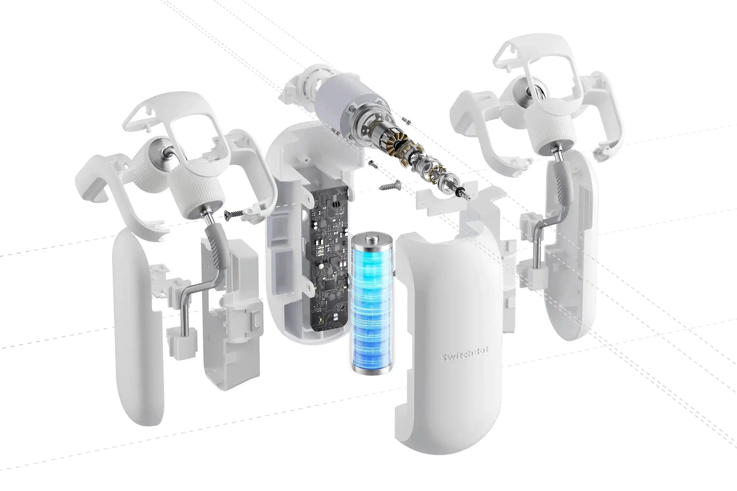 Exploded view of motorized curtain rod showing internal motor and battery components