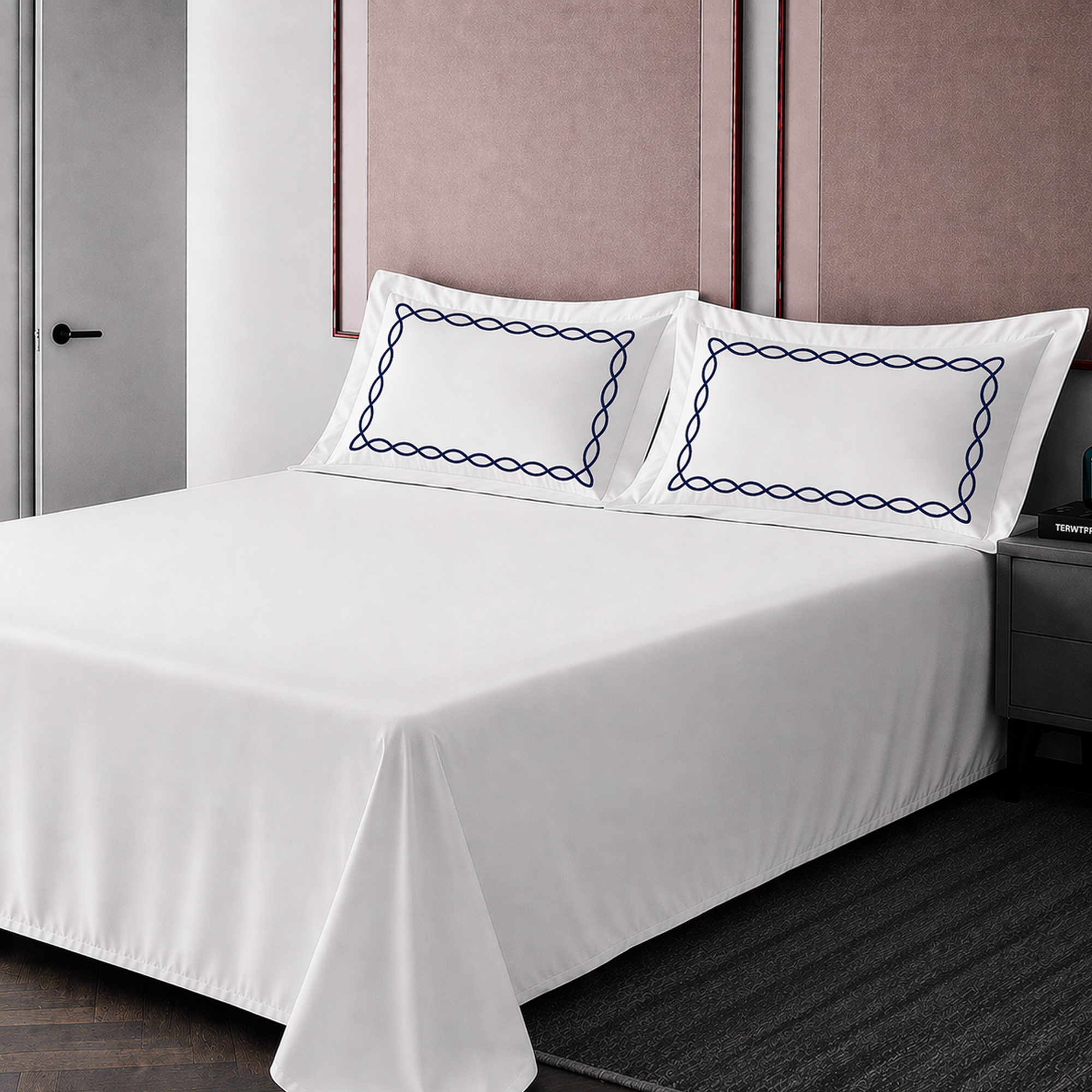 Pillow Cover + Flat Sheet (3 Pcs Set) - Chain Embroidery