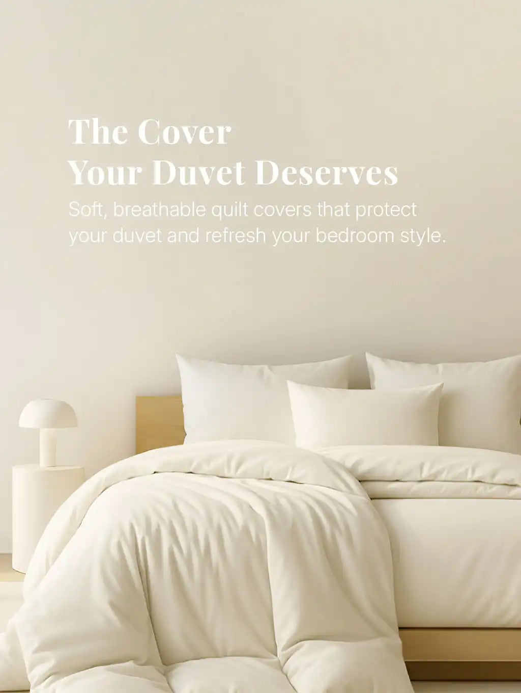 Neutral duvet cover set styled on bed in minimal bedroom