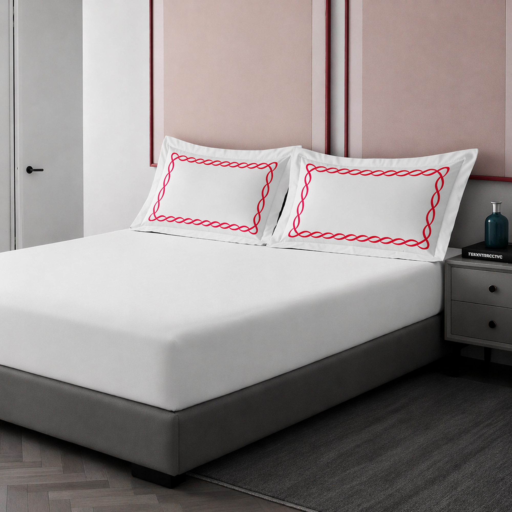 Pillow Cover + Fitted Sheet (3 Pcs Set) - Chain Embroidery