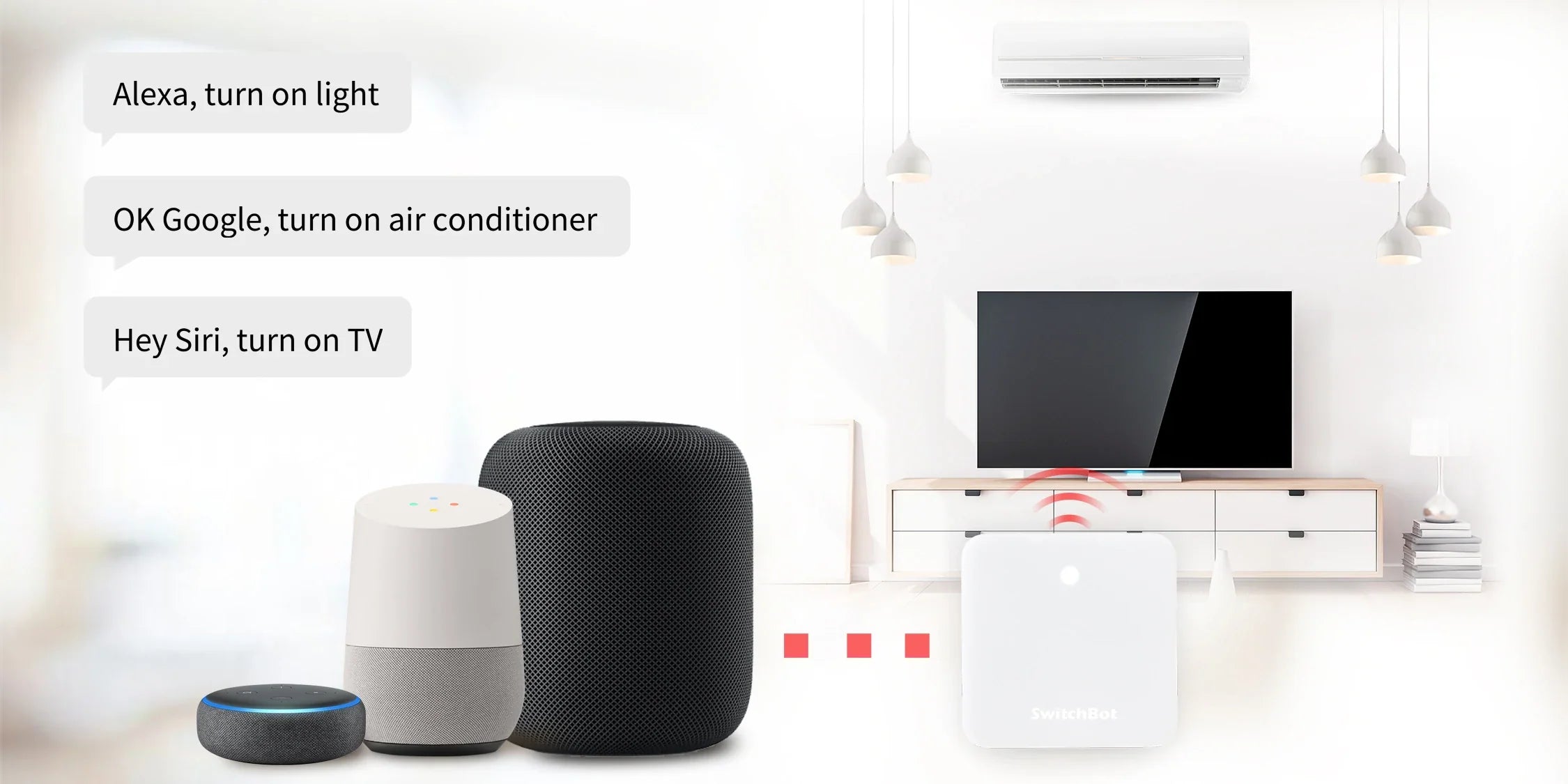 SwitchBot Hub Mini supporting Alexa, Google Assistant and Siri voice control for TV and air conditioner