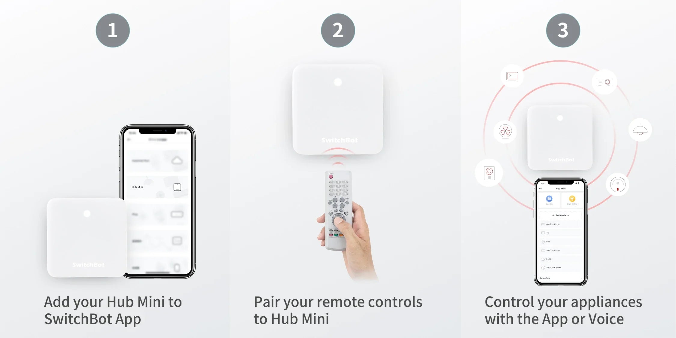 SwitchBot Hub Mini setup process showing app connection and remote pairing steps