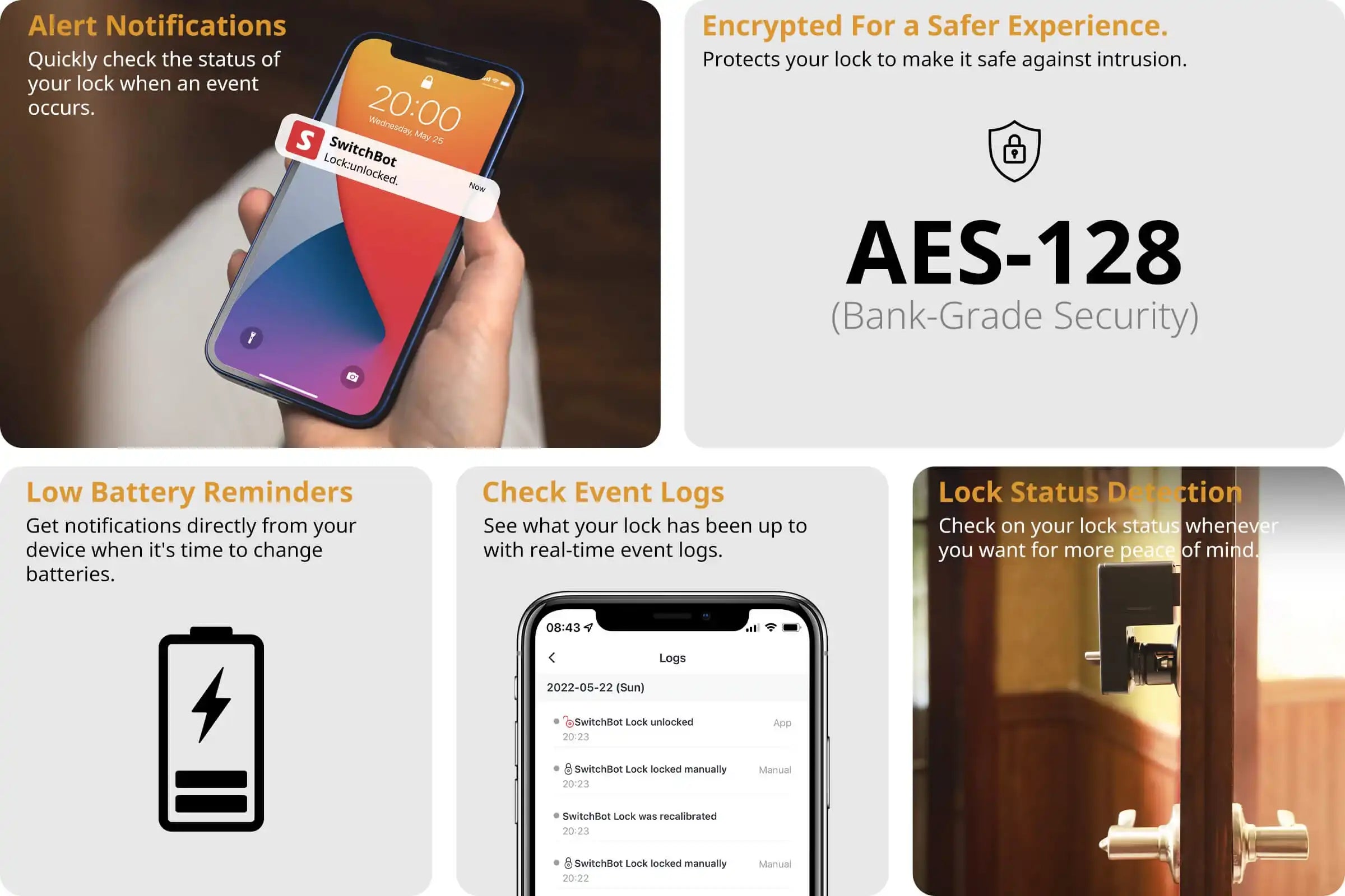SwitchBot Lock security features including AES-128 encryption, alerts and event logs