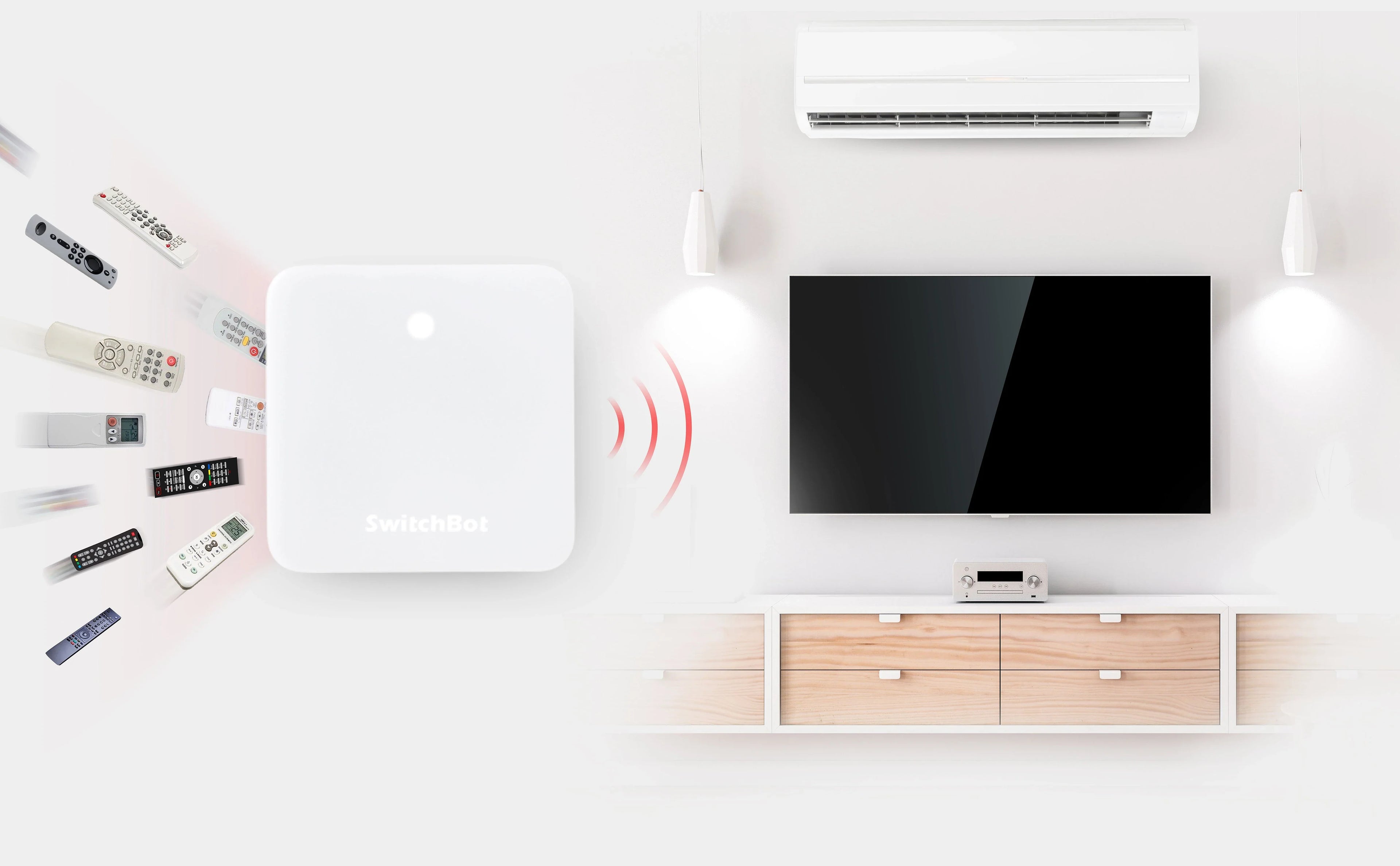 SwitchBot smart home hub controlling TV and air conditioner via IR remote