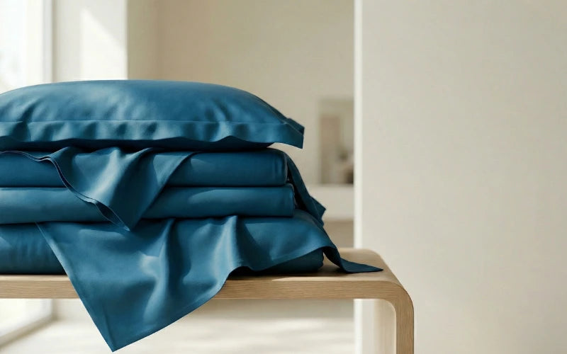 Teal satin bed sheet set folded and stacked on wooden table