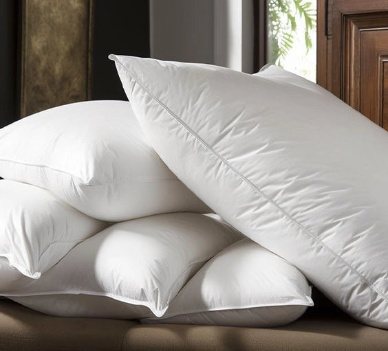 Stacked white bed pillows on a bed for comfortable sleep