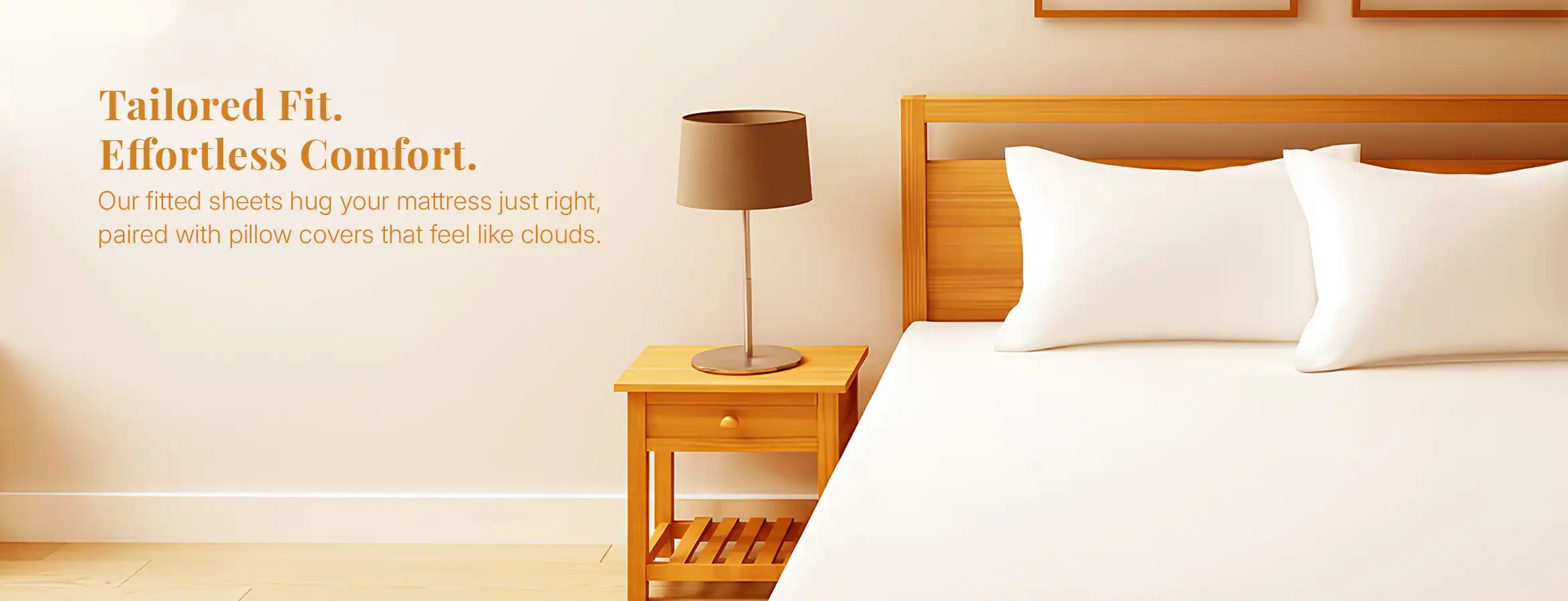 White fitted sheet and pillow covers styled on modern wooden bed.