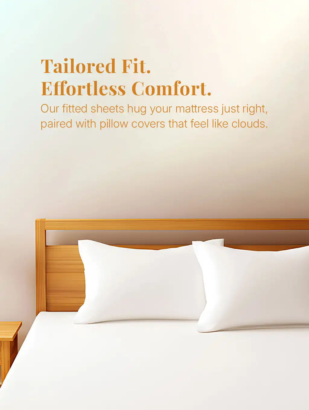 White fitted sheet and pillow covers styled on wooden bed
