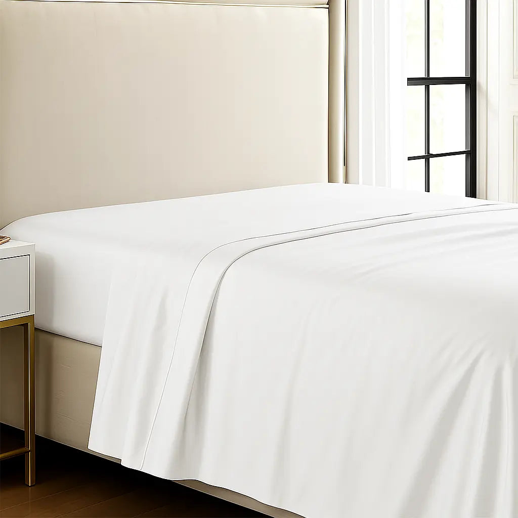White flat bed sheet styled on modern minimalist bedroom bed