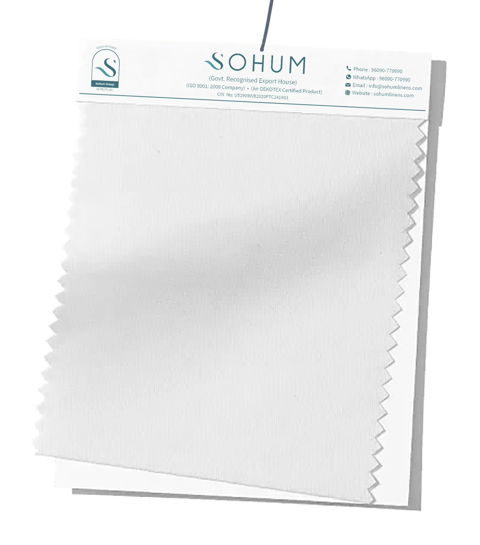 White linen fabric sample swatch used for premium hotel bedding and textile manufacturing