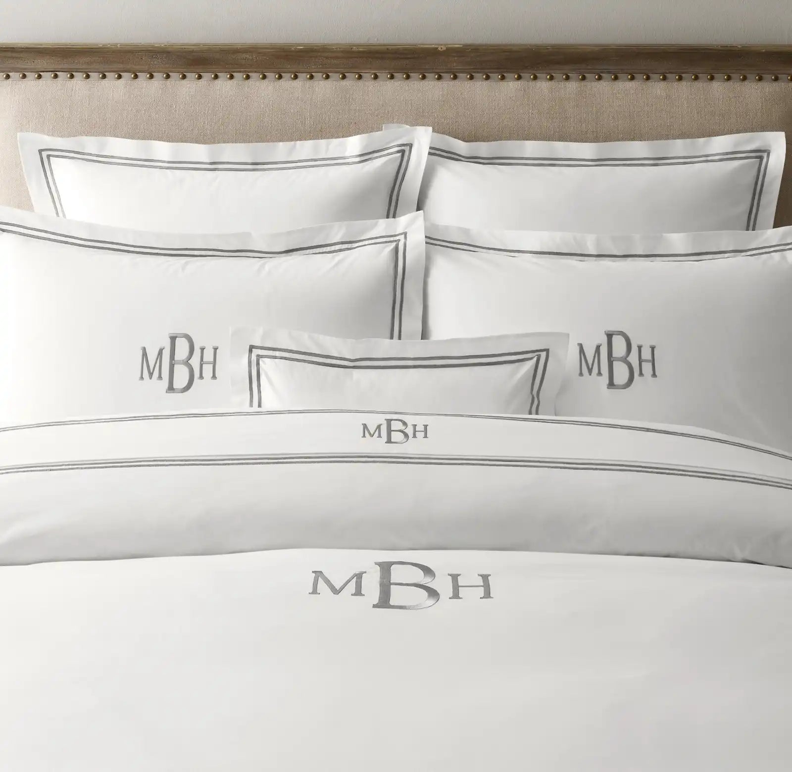 White monogram bed sheet set with grey embroidered initials