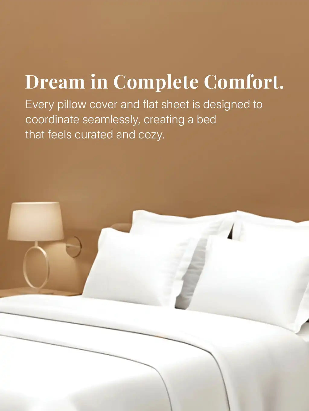 White pillow covers and flat sheet styled together on modern bedroom bed.